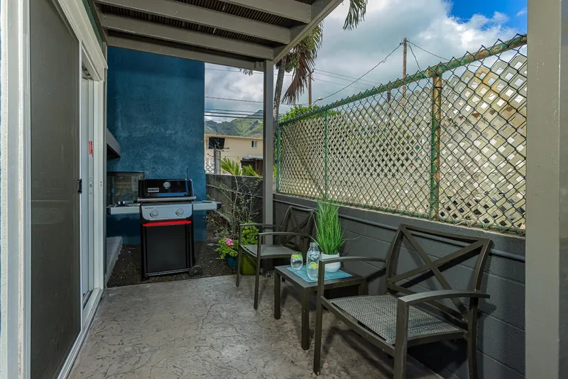 Gas Grill with Seats for Sips While you BBQ — Authentic 3BR Duplex, Wailuku